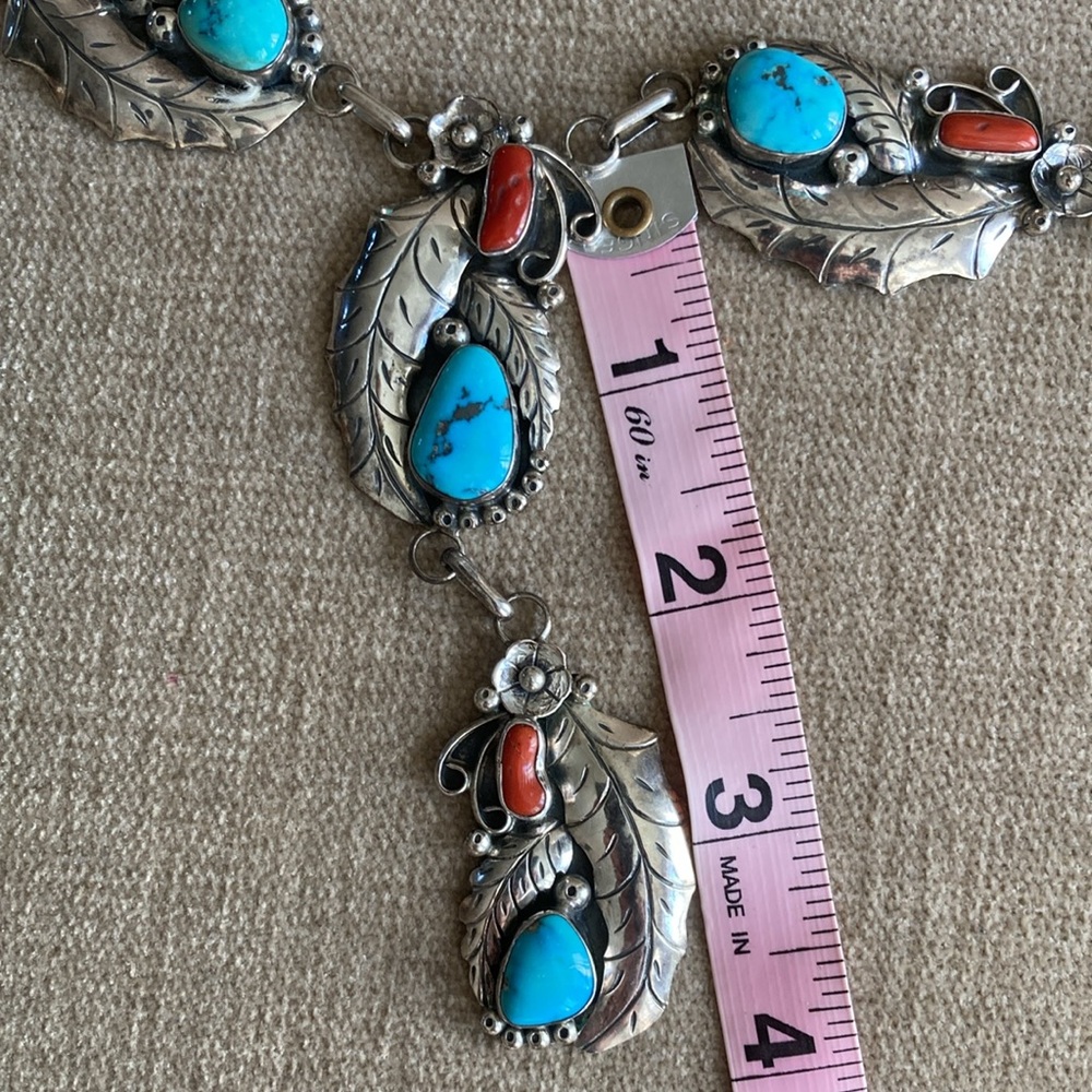 Sterling RBP RAYMOND PLATERO Turquoise Coral 22” Necklace with 4” Drop - Picture 4 of 9